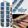 Un set de strass pour ongles en résine et outils, avec une boîte de rangement et des outils d'application, à côté d'un doigt 