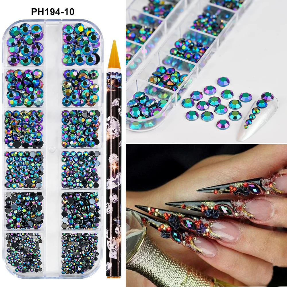Un set de strass pour ongles en résine et outils, avec une boîte de rangement et des outils d'application, à côté d'un doigt 