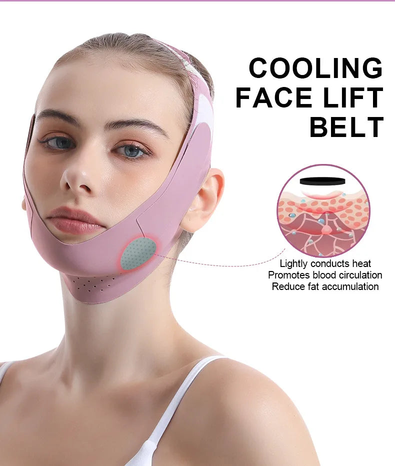 A woman wearing a pink cooling face lift belt for slimming and fat reduction.