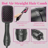 A black hot air straight hair comb tool with various attachments and a power switch shown in different views.