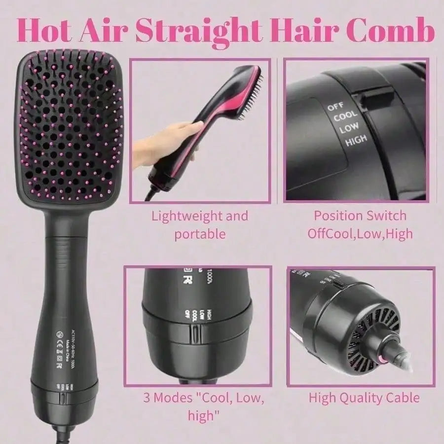 A black hot air straight hair comb tool with various attachments and a power switch shown in different views.
