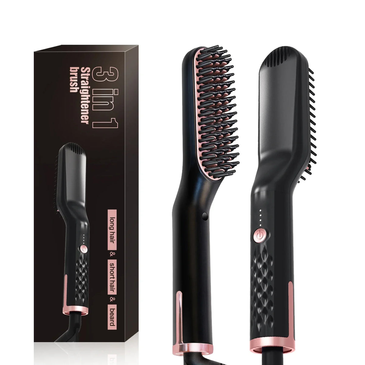 A black professional electric beard straightener brush set shown in its packaging and individual components.