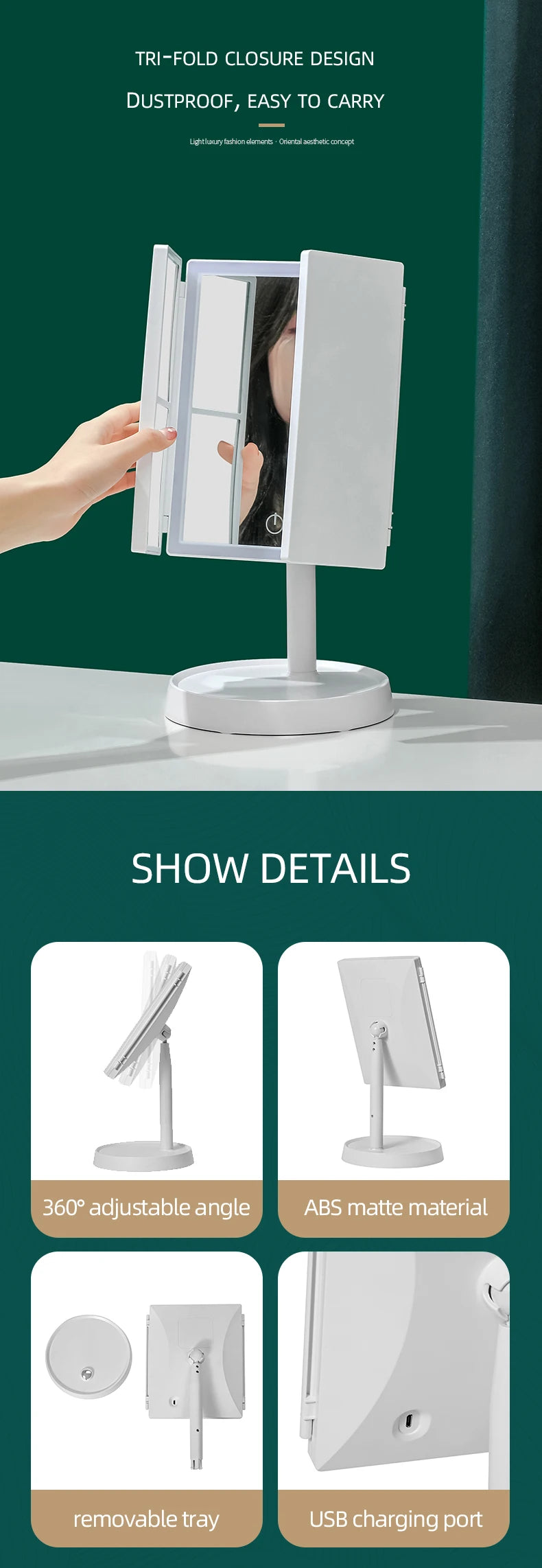 A white foldable LED makeup mirror is shown on a table, highlighting features like an adjustable angle and USB charging port.
