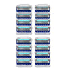 A set of five reusable stainless steel shaving heads with blue and silver accents.