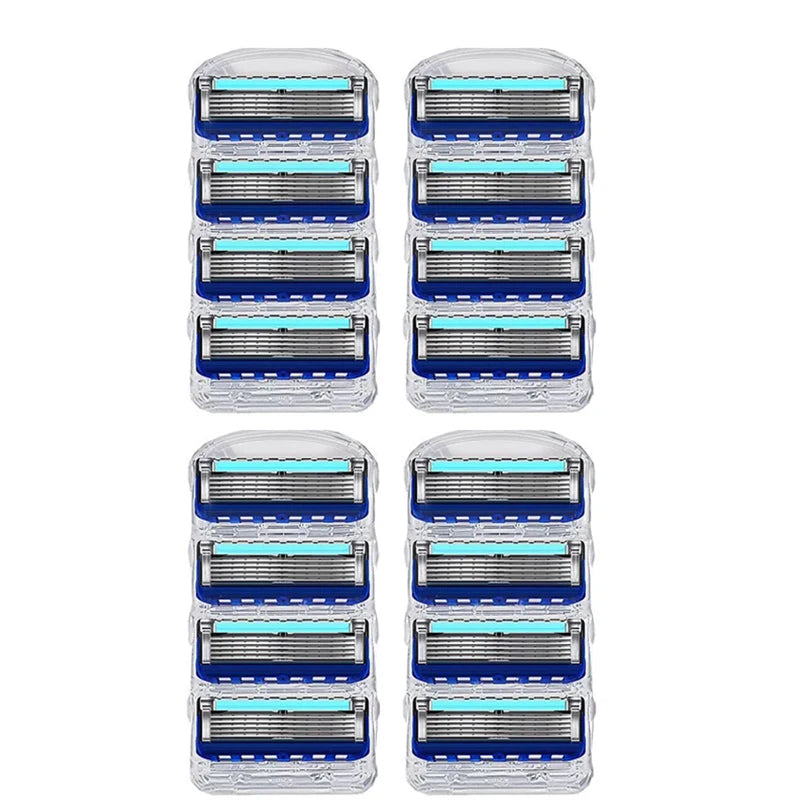 A set of five reusable stainless steel shaving heads with blue and silver accents.