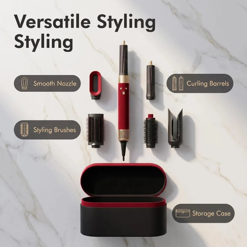 A collection of versatile styling tools including a smooth nozzle, styling brushes, curling barrels, and a storage case.