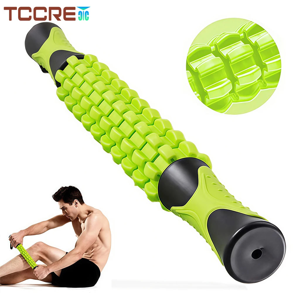 A bright lime green manual muscle roller stick is shown being used for deep tissue massage on a person's back.