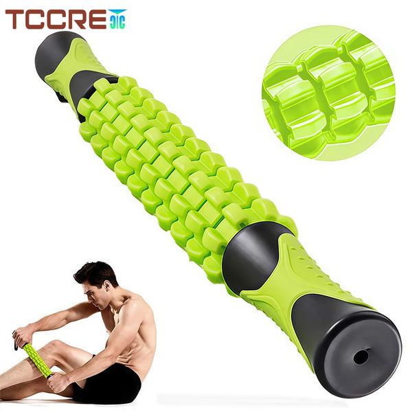 A bright lime green manual muscle roller stick is shown being used for deep tissue massage on a person's back.