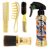 A set of professional barber tools including a comb, brush, and spray bottles in gold and black.
