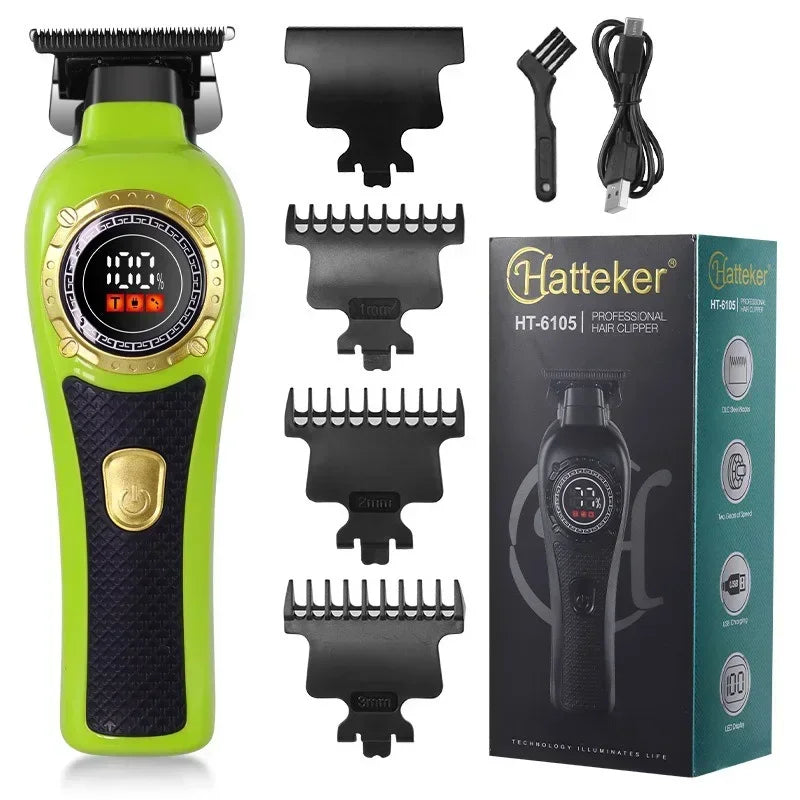 A green and black professional hair clipper with various attachments shown in a box.