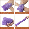 Exfoliante corporal de luffa natural morado y esponja de baño mostrados en varios usos como limpieza, uso diario, espuma y fá