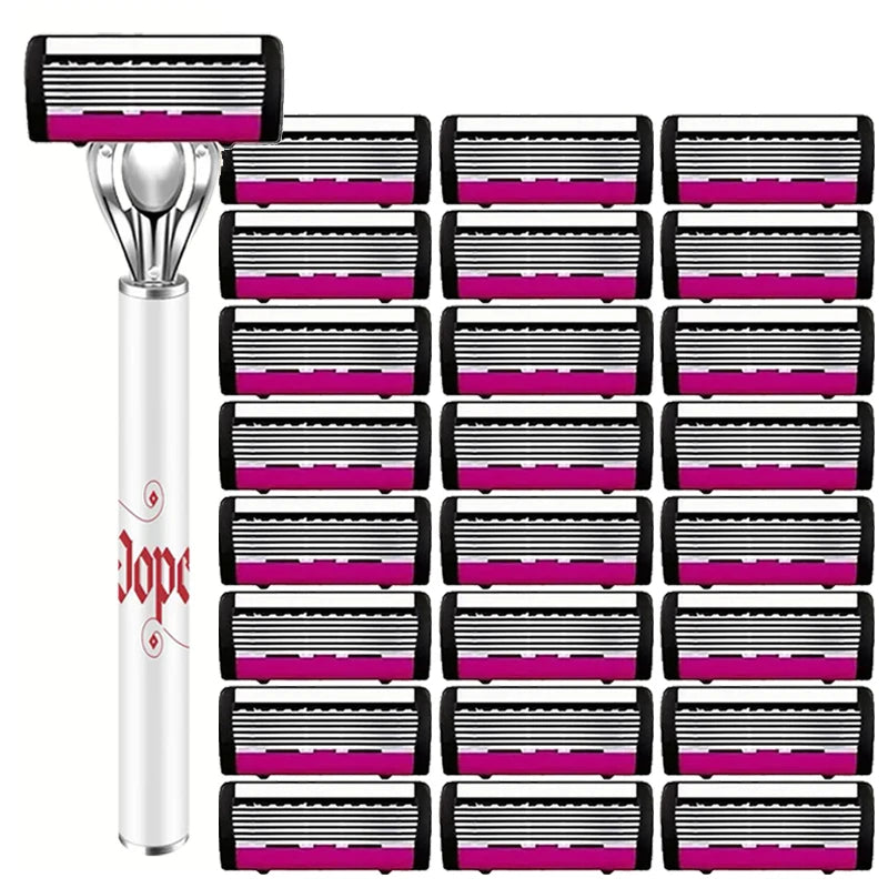A set of black and pink razor cartridges and a stainless steel handle.