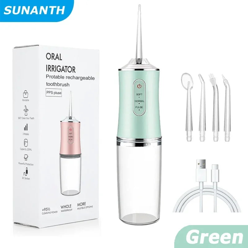A box and a portable rechargeable oral irrigator with four tips are shown.