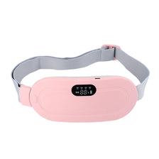 A pink electric waist and abdominal massager belt with a gray strap and digital display.