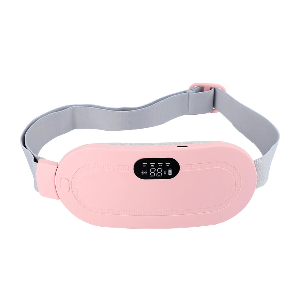A pink electric waist and abdominal massager belt with a gray strap and digital display.