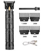 A set of professional electric hair clippers in black with dragon designs, showing various blade sizes and a power cord.
