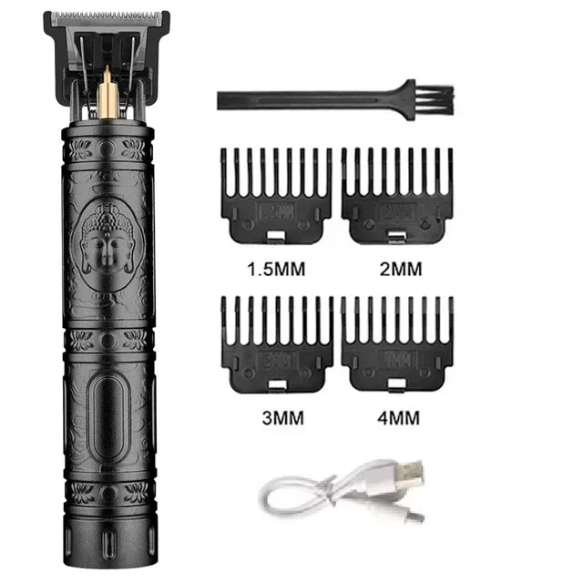 A set of professional electric hair clippers in black with dragon designs, showing various blade sizes and a power cord.