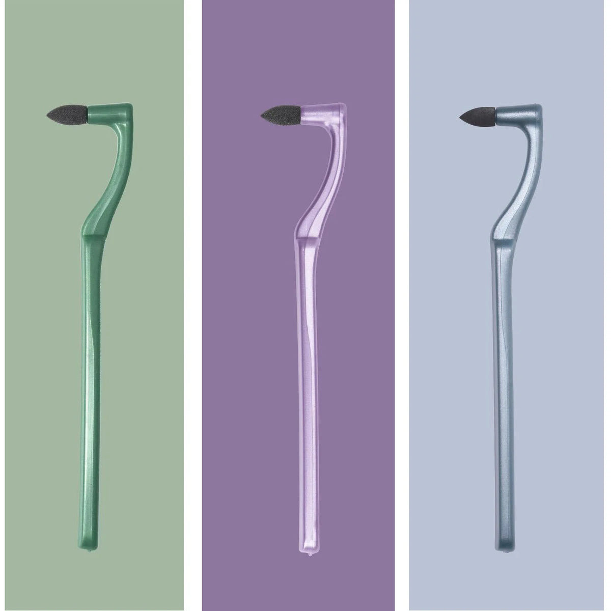 A manual tooth stain remover tool with an interdental brush shown in three different shades of green and purple.