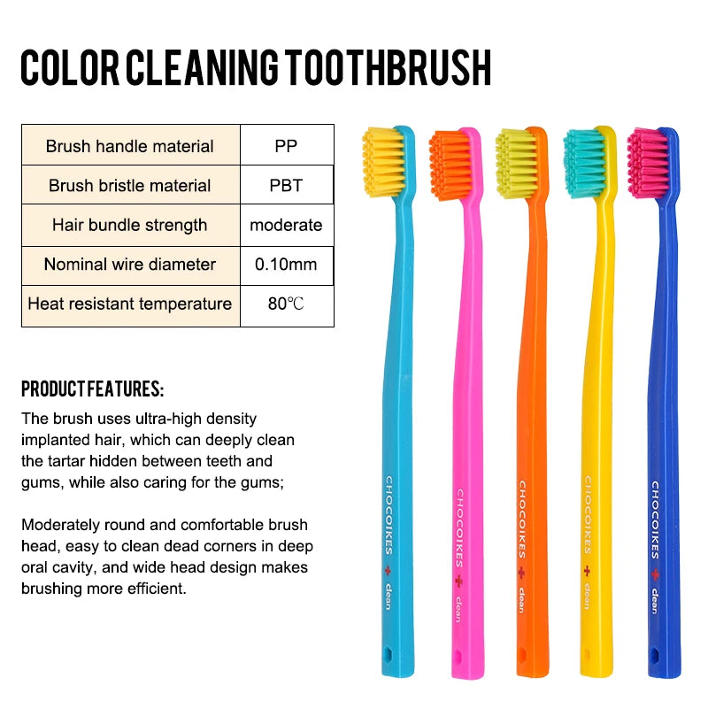 Un set de brosses à dents colorées dans diverses couleurs vives, dont jaune, rose et vert.