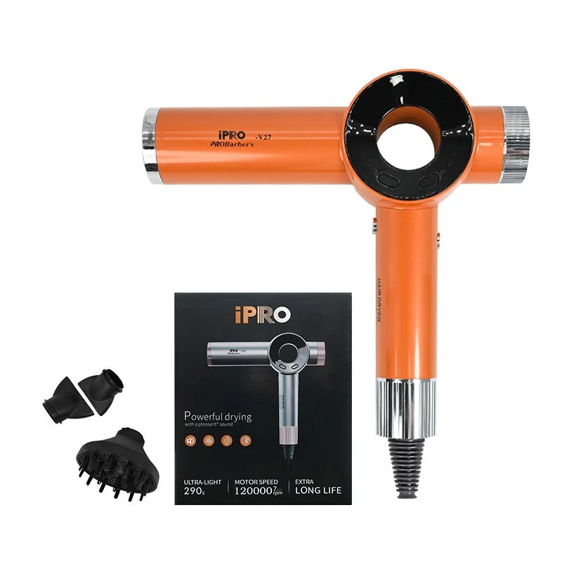 Orange iPRO salon hair dryer with a black nozzle and attachments shown against a black background