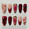 A set of 24 press-on nails featuring various designs including pink, red, leopard print, and floral accents.