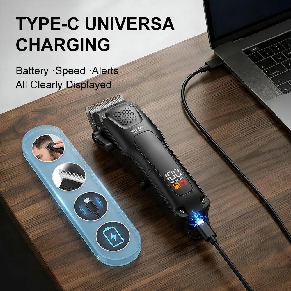 Schwarzer elektrischer Haarschneider mit USB-C-Ladekabel auf Holzoberfläche.