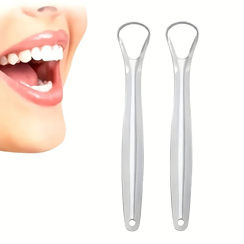 Une paire de curettes en acier inoxydable à la langue, montrées à côté d'une bouche pour l'hygiène buccale.