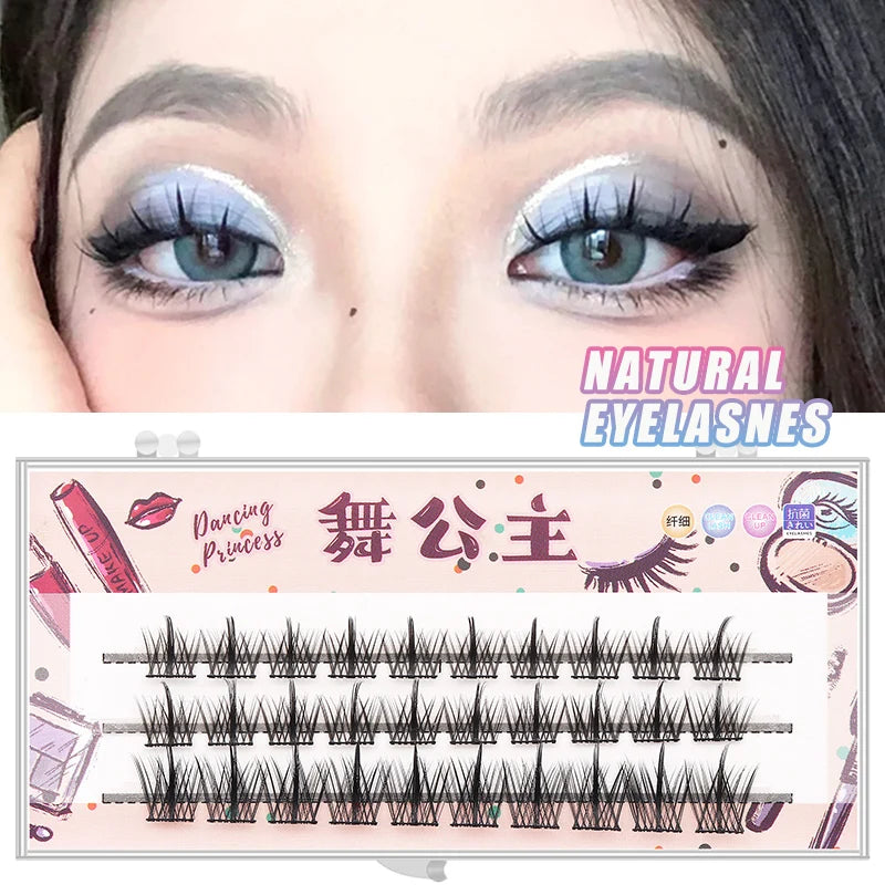Gros plan de l'œil d'un mannequin montrant des cils naturels et une illustration d'extensions de cils individuels.