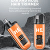 An orange portable electric nose hair trimmer is shown against a gray background with rocks.