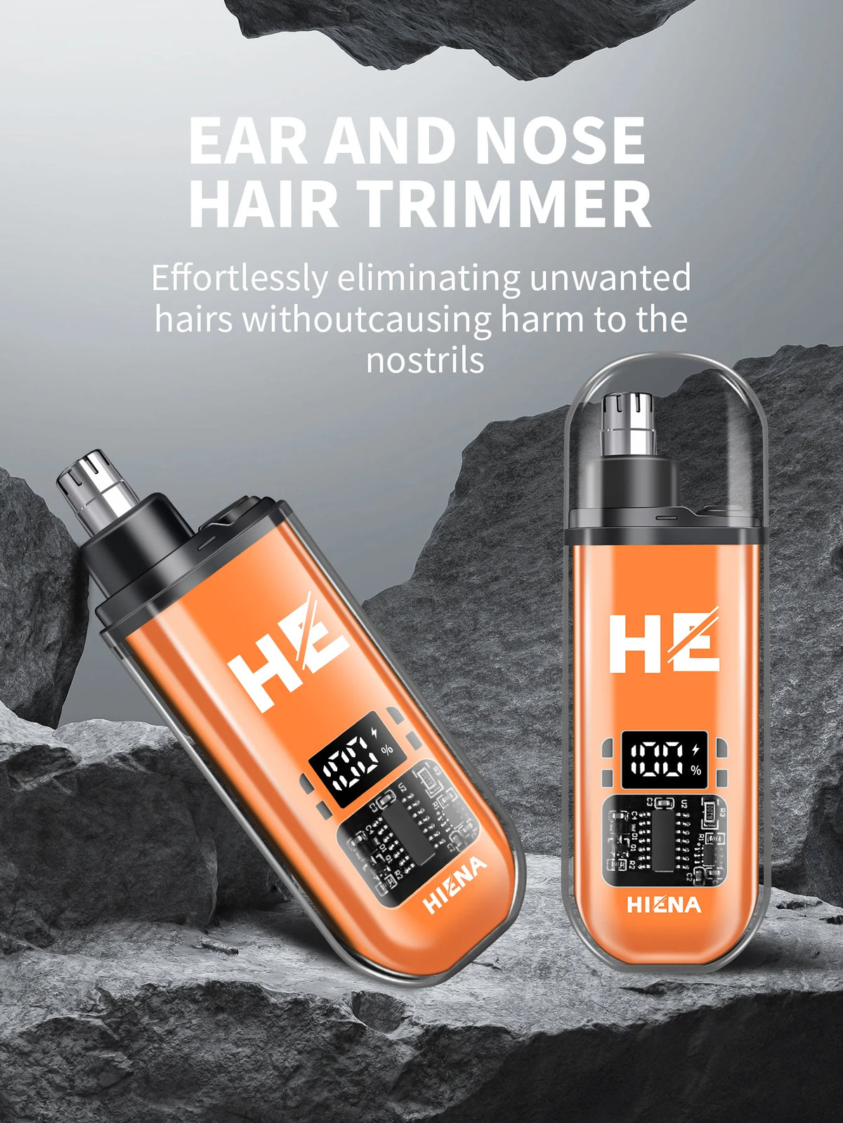 An orange portable electric nose hair trimmer is shown against a gray background with rocks.