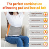 A woman is wearing a gray electric heating pad on her torso while sitting, demonstrating its use.