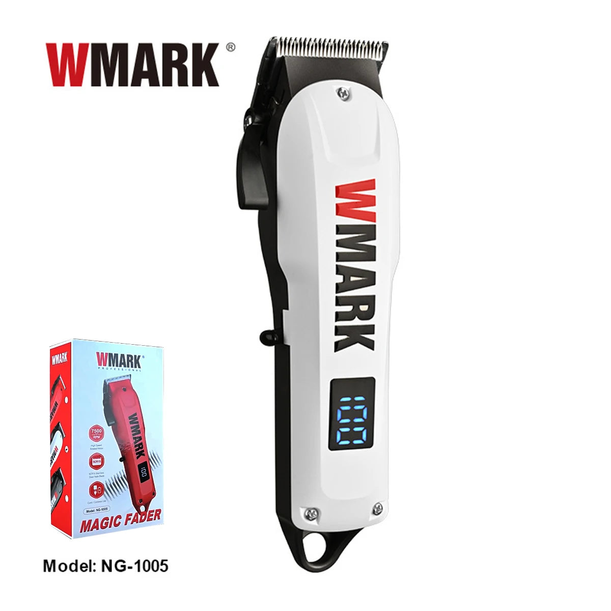 White WMARK NG-1005 cordless electric hair clipper with black and red accents