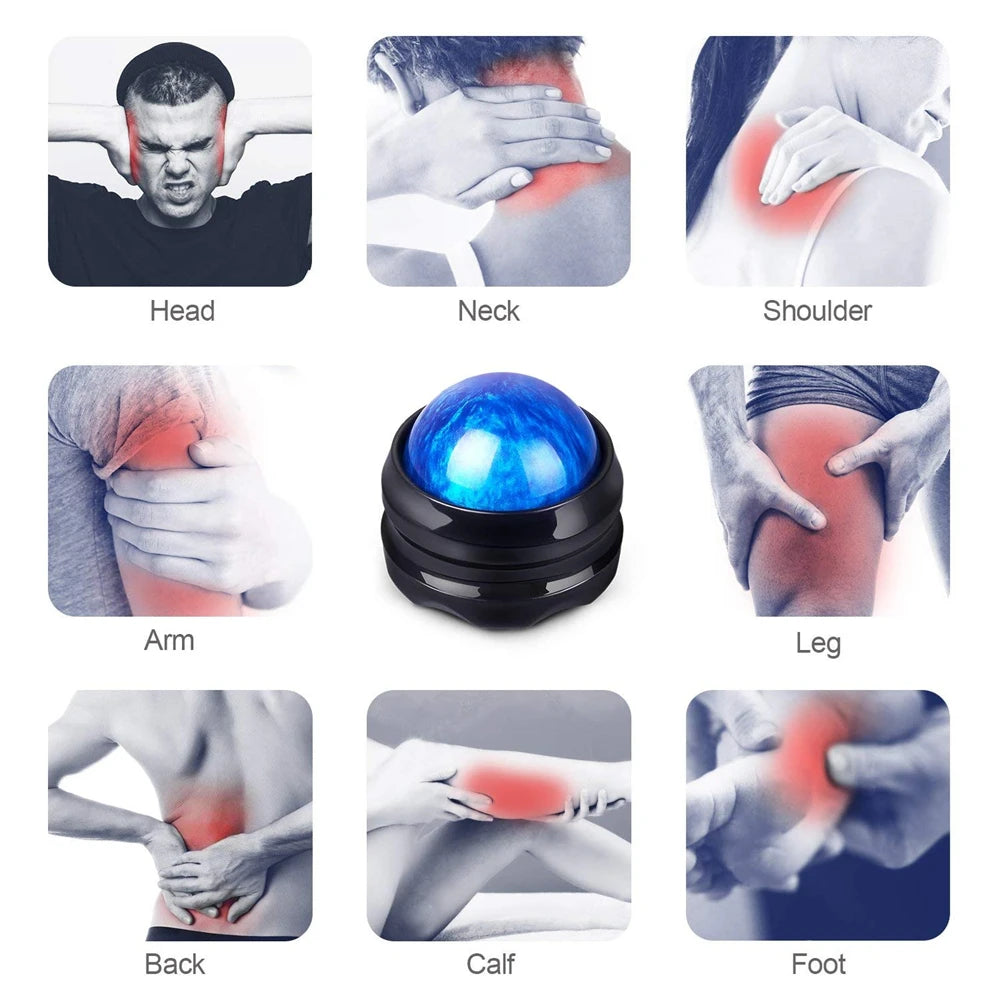 A set of manual massage balls used for deep tissue relief applied to various body parts including head, neck, shoulder, arm, 