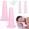A silicone facial cupping massage set in pink, showing various sizes and a person receiving the treatment.