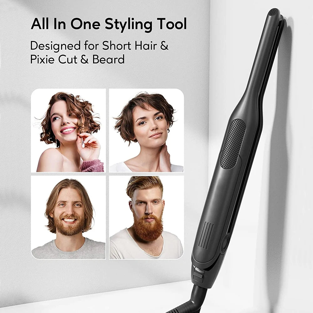 A black styling tool designed for short hair and beard cuts, shown next to four models.