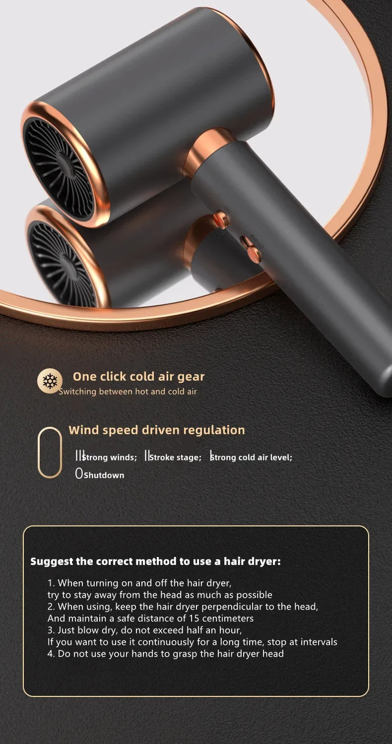 A close-up of a professional hair dryer with a matte black body and rose gold accents, showing its nozzle and power switch fe