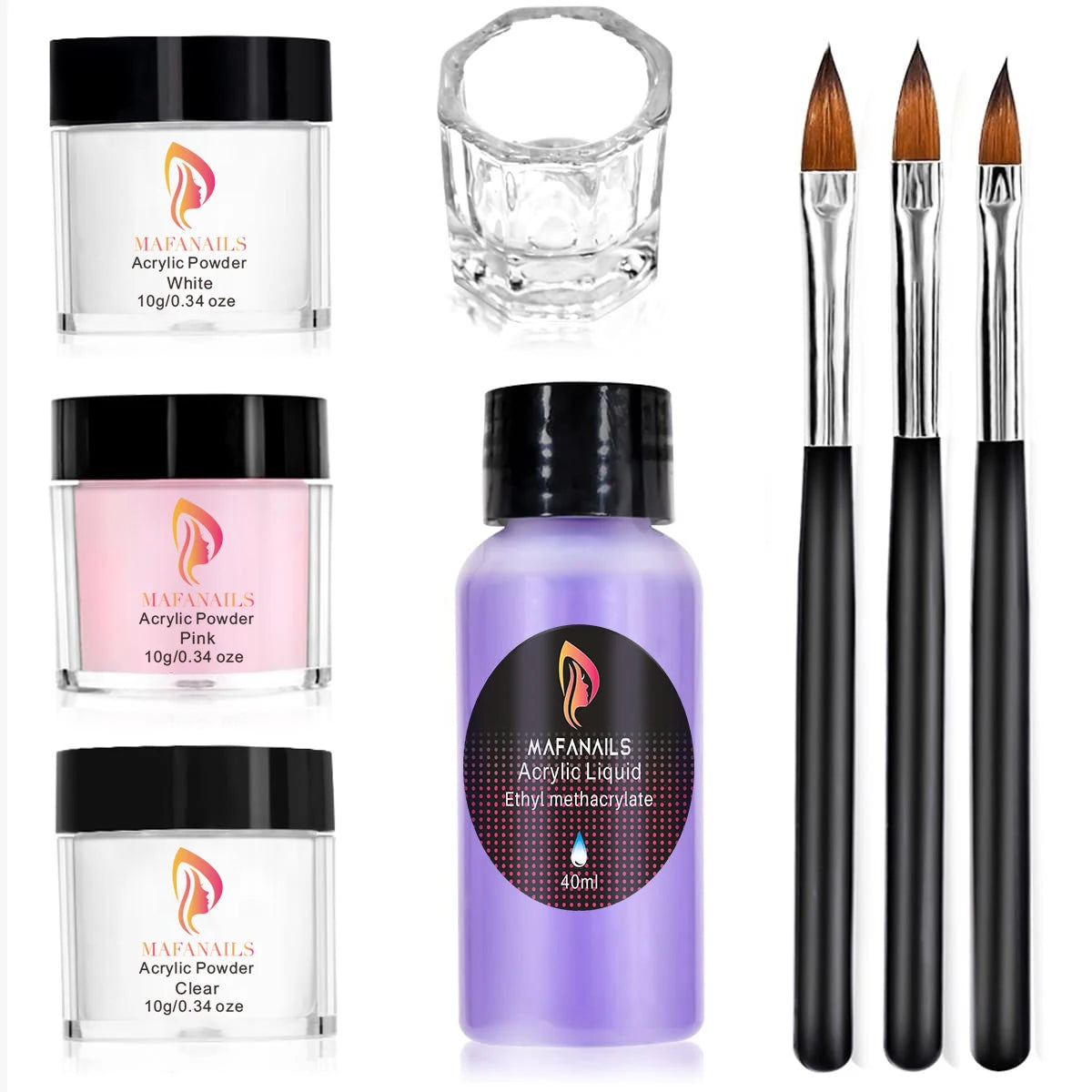 A set of Mafanails acrylic powder products including white, pink, and clear powders, along with a purple liquid and brush kit
