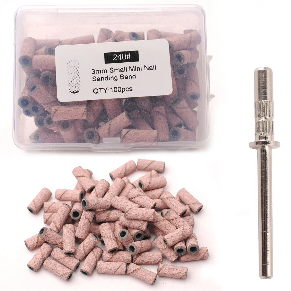 A collection of small, pinkish-brown sanding bands and a nail drill are shown in a clear plastic container.