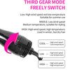A black hair dryer brush with a three-gear mode switch labeled Low, Middle, and High for different temperature and wind speed