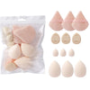 Un set de 12 esponjas de maquillaje rosa y nude en diversas formas y tamaños para uso general.