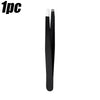 A pair of black and silver precision stainless steel eyebrow tweezers.