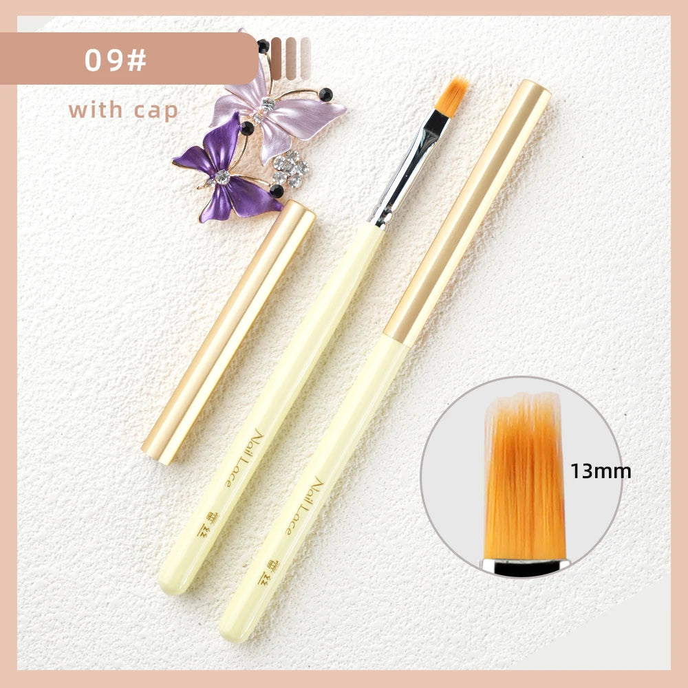 A set of professional nail art brushes with a purple flower decoration and an inset showing the 13mm brush size.