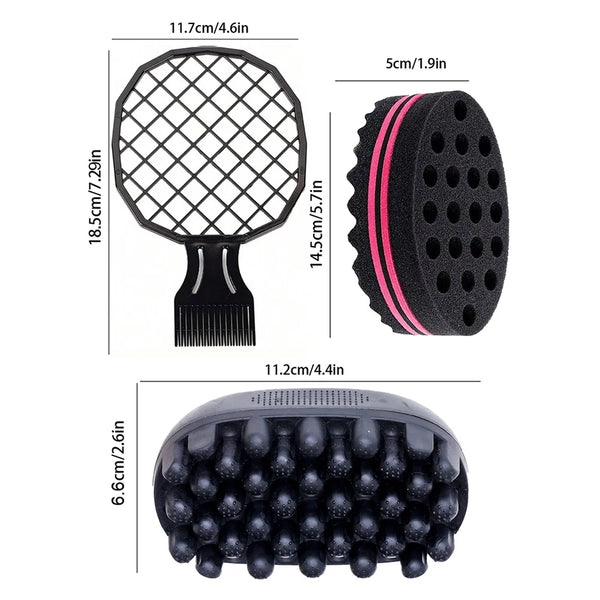 A three-piece rubber hair styling set featuring a mesh comb, a black silicone roller, and a black rubber barrel tool.