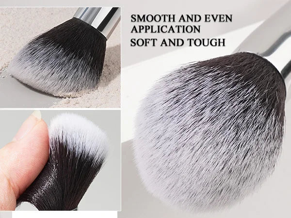 A set of smooth and even application makeup brushes shown in various angles and colors, including soft and tough bristles.