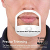 A white precision template for trimming a beard is shown against a man's face.
