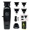 A black electric hair clipper with various attachments and a box packaging.