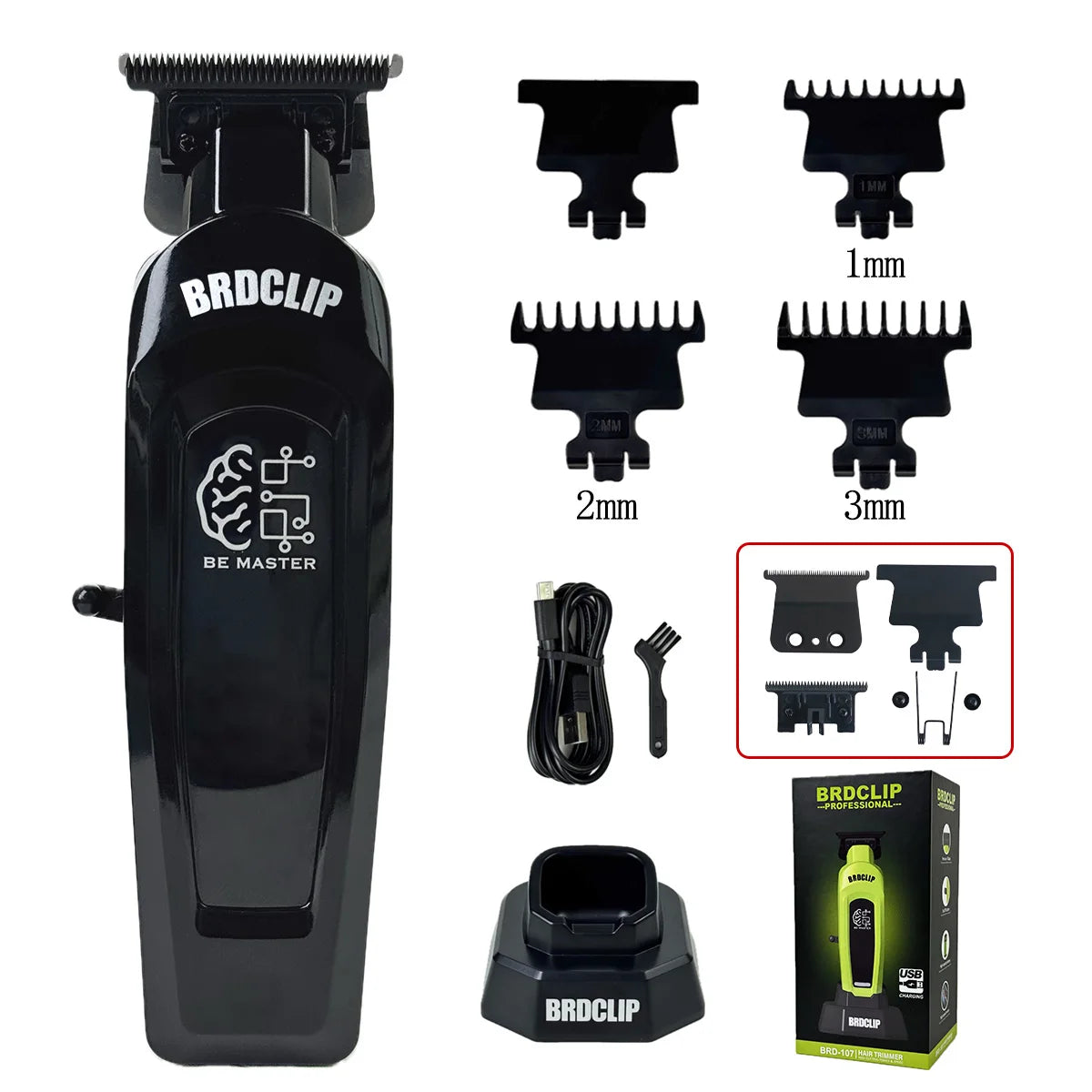 A black electric hair clipper with various attachments and a box packaging.