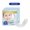 Box of orthodontic braces for kids with a clear silicone dental alignment trainer