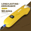 A yellow precision LED hair removal trimmer is shown with a battery indicator displaying 100% and text indicating 90 minutes 