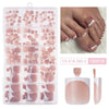 Una caja de 150 uñas postizas acrílicas cuadradas en color rosa nude con empaque transparente y herramientas de aplicación.
